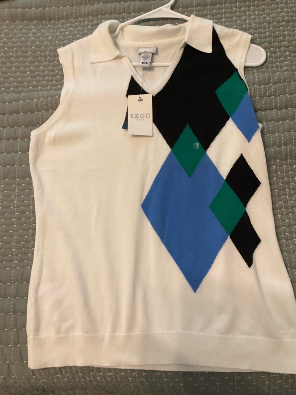 Izod White Sleeveless Golf Top with Black & Green Argyle Panel